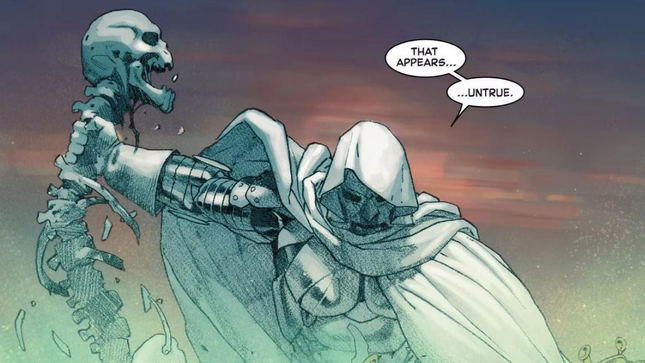 A white-cloaked Doom Slayer holds the skeleton of Thanos